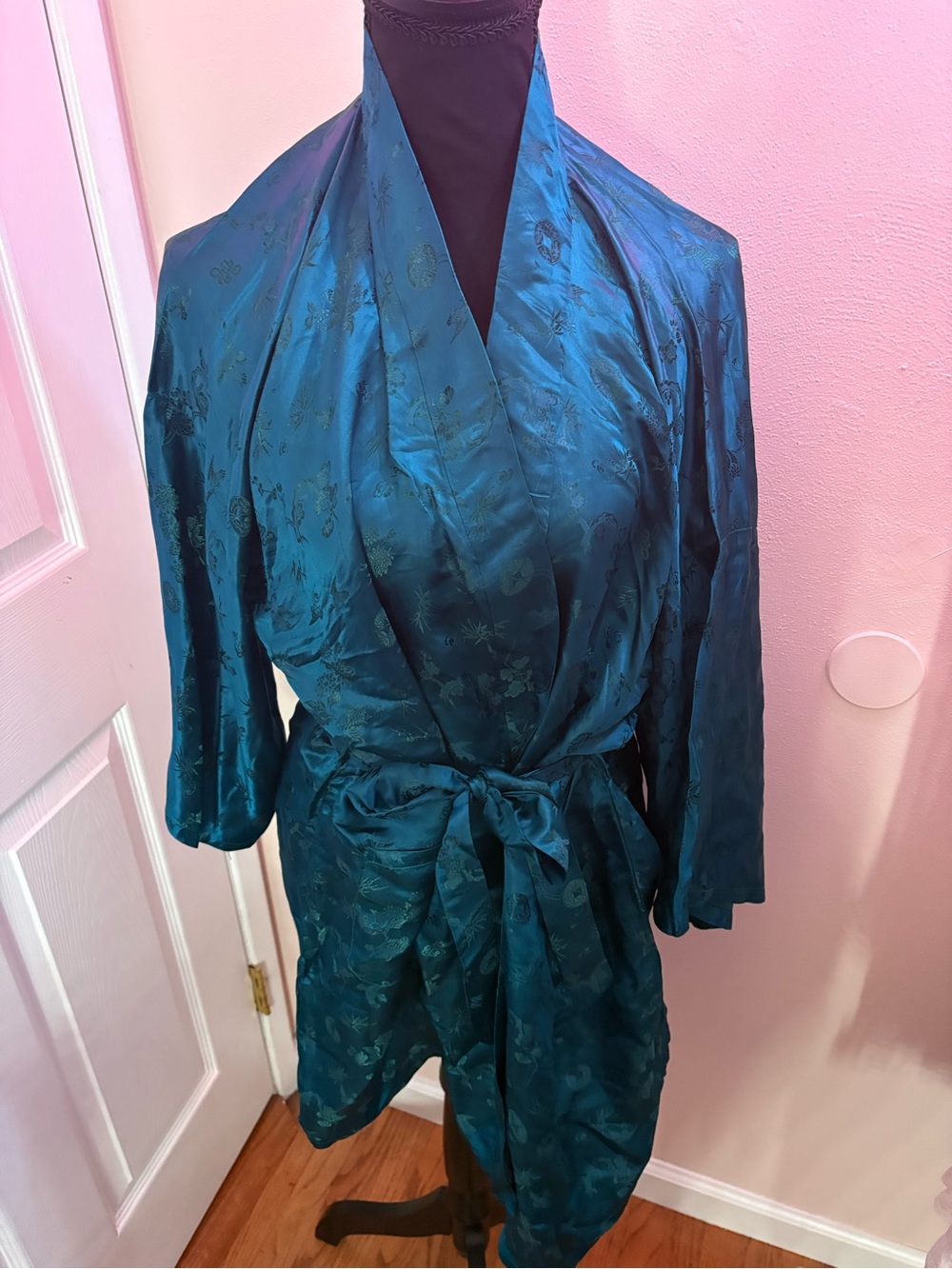 Vintage 100% Silk Teal Floral Kimono Robe
